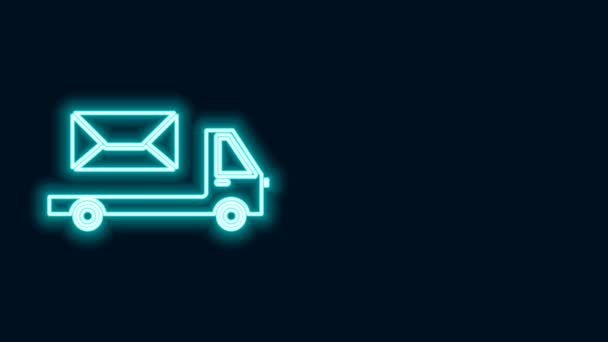 Linha de néon brilhante ícone Post caminhão isolado no fundo preto. Carro do correio. Transporte de caminhões de veículos com envelope ou carta. Animação gráfica em movimento de vídeo 4K — Vídeo de Stock