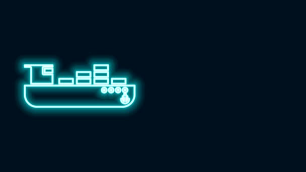 Lumineux néon ligne cargo navire avec boîtes icône de service de livraison isolé sur fond noir. Livraison, transport. Fret avec colis, boîtes, marchandises. Animation graphique de mouvement vidéo 4K — Video