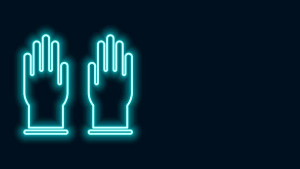 Ligne lumineuse néon Icône gants en caoutchouc isolé sur fond noir. Signe de protection des mains en latex. Symbole d'équipement de nettoyage ménager. Animation graphique de mouvement vidéo 4K — Video