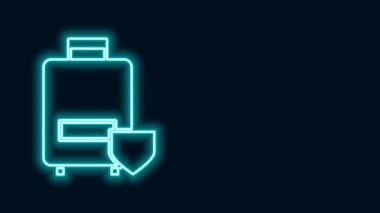 Parlayan neon hattı seyahat bavulu simgesi siyah arkaplanda izole edildi. Seyahat bagaj sigortası. Güvenlik, güvenlik, koruma, konsept koruma. 4K Video hareketli grafik canlandırması