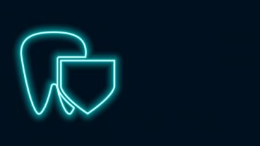 Parlak neon çizgili diş ve siyah arkaplanda izole edilmiş kalkan simgesi. Diş sigortası. Güvenlik, güvenlik, koruma, konsept koruma. 4K Video hareketli grafik canlandırması