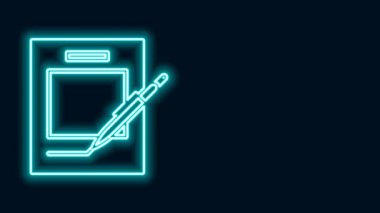 Parlak neon hattı boş defter ve kalem simgesi siyah arkaplanda izole edildi. Kağıt ve kalem. 4K Video hareketli grafik canlandırması