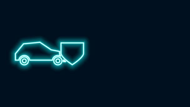 Linia luminoasă de neon Masina cu pictograma scut izolat pe fundal negru. Conceptul de asigurare. Securitate, siguranţă, protecţie, protecţie. 4K Animație grafică în mișcare video — Videoclip de stoc