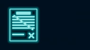 Parlayan neon hattı Siyah arkaplanda izole edilmiş dosya simgesini sil. Reddedilmiş belge simgesi. Kağıt üzerinde çarmıh. 4K Video hareketli grafik canlandırması
