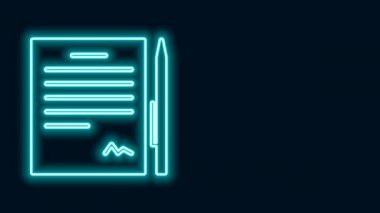 Siyah arkaplanda izole edilmiş kalem simgesi ile parlayan neon hattı sözleşmesi. Dosya simgesi. Kontrol listesi simgesi. İş konsepti. 4K Video hareketli grafik canlandırması