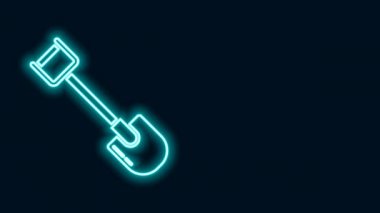 Parlayan neon hattı kürek simgesi siyah arkaplanda izole edildi. Bahçe aletleri. Bahçecilik, tarım, çiftçilik aleti. 4K Video hareketli grafik canlandırması