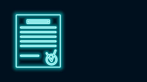 Glödande neon line Bekräftat dokument och markera ikonen isolerad på svart bakgrund. Checklista ikonen. Affärsidé. 4K Video motion grafisk animation — Stockvideo