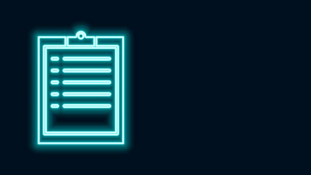 Portapapeles de línea de neón brillante con icono de lista de verificación aislado sobre fondo negro. Animación gráfica de vídeo 4K — Vídeos de Stock