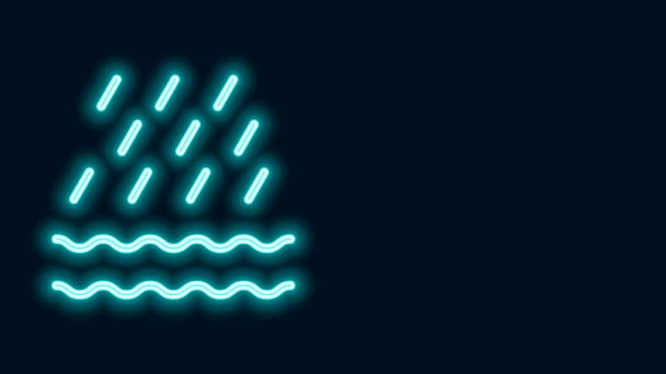 Ragyogó neon vonal Eső és hullámok ikon elszigetelt fekete háttérrel. Esőfelhő csapadék esőcseppekkel. 4K Videó mozgás grafikus animáció — Stock videók