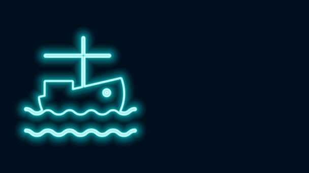 Linia strălucitoare de neon Barca de pescuit pe pictograma de apă izolată pe fundal negru. 4K Animație grafică în mișcare video — Videoclip de stoc