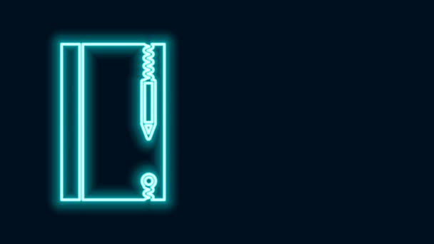 Светящаяся неоновая линия Подводная записная книжка и карандаш для подводного плавания иконка изолированы на черном фоне. Водяной лист или планшет с ручкой. Видеографическая анимация 4K — стоковое видео