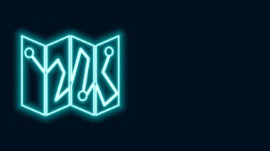 Parlayan neon çizgisi Katlanmış harita konum simgesi simgesi siyah arkaplanda izole edildi. 4K Video hareketli grafik canlandırması