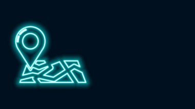 Parlayan neon çizgisi Katlanmış harita konum simgesi simgesi siyah arkaplanda izole edildi. 4K Video hareketli grafik canlandırması