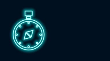 Parlayan neon hattı pusula simgesi siyah arkaplanda izole edildi. Rüzgâr yön bulma sembolü. Rüzgar gül işareti. 4K Video hareketli grafik canlandırması