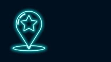 Siyah arkaplanda yıldız simgesi izole edilmiş parlak neon çizgi haritası işaretçisi. Yıldız favori iğne haritası simgesi. Harita işaretleyicileri. 4K Video hareketli grafik canlandırması