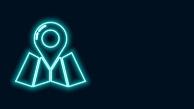 Parlayan neon çizgisi Katlanmış harita konum simgesi simgesi siyah arkaplanda izole edildi. 4K Video hareketli grafik canlandırması