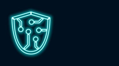 Parlayan neon hattı siber güvenlik simgesi siyah arkaplanda izole edildi. Kalkan işareti. Güvenlik kavramı. Dijital veri koruması. 4K Video hareketli grafik canlandırması
