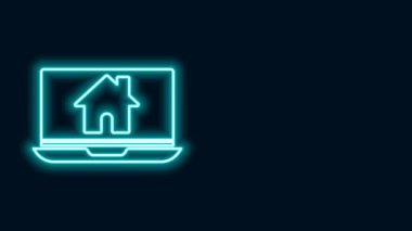 Parlak neon hattı dizüstü bilgisayar ve akıllı ev simgesi siyah arkaplanda izole edildi. Uzaktan kumanda. 4K Video hareketli grafik canlandırması
