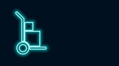 Parlayan neon çizgili el arabası ve siyah arka planda izole edilmiş kutular. Dolly sembolü. 4K Video hareketli grafik canlandırması