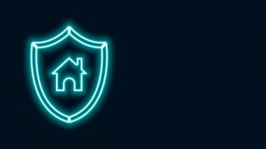 Siyah zemin üzerinde kalkan simgesi olan parlak neon çizgili ev. Sigorta konsepti. Güvenlik, güvenlik, koruma, konsept koruma. 4K Video hareketli grafik canlandırması