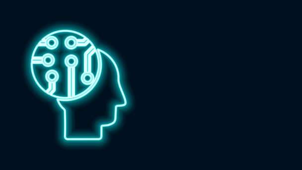 Zářící neonová čára Lidský mozek jako ikona desky digitálních obvodů izolované na černém pozadí. Obrys lidské hlavy s obvody uvnitř. Grafická animace pohybu videa 4K — Stock video