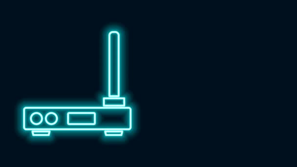 Gloeiende neon lijn Router en wi-fi symbool pictogram geïsoleerd op zwarte achtergrond. Draadloze ethernet modem router. Computertechnologie internet. 4K Video motion grafische animatie — Stockvideo