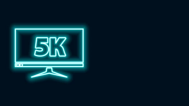 Glowing neon line Computer PC monitor display with 5k video technology icon isolated on black background. 4K Video motion graphic animation — Stock Video