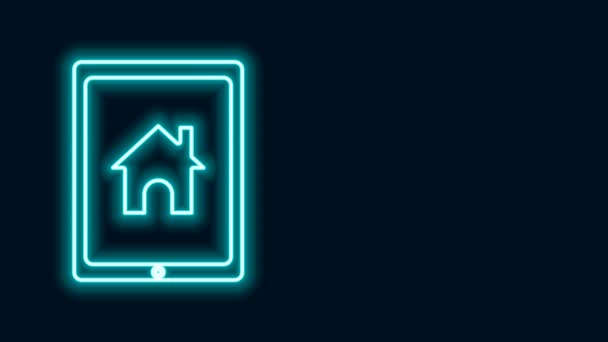 Glowing neon line Tablet and smart home icon isolated on black background. Remote control. 4K Video motion graphic animation — Stock Video