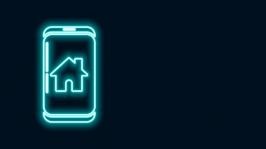 Siyah arka planda akıllı ev simgesi izole edilmiş parlak neon hattı cep telefonu. Uzaktan kumanda. 4K Video hareketli grafik canlandırması