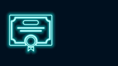 Parlayan neon hattı sertifika şablonu simgesi siyah arkaplanda izole edildi. Başarı, ödül, diploma, burs, diploma. İş başarısı sertifikası 4K Video hareketli grafik canlandırması