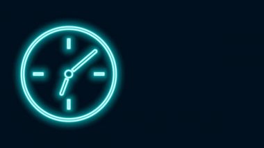 Parlayan neon çizgi saat simgesi siyah arkaplanda izole edildi. Zaman sembolü. 4K Video hareketli grafik canlandırması