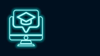 Mezuniyet kapağı simgesi siyah arkaplanda izole edilmiş parlak neon hattı bilgisayar monitörü. Çevrimiçi öğrenme ya da e-öğrenme kavramı. 4K Video hareketli grafik canlandırması