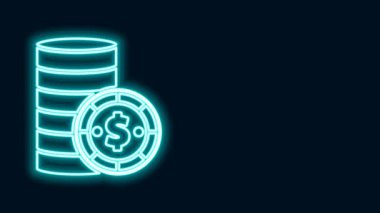 Siyah arka planda dolar sembolü olan parlak neon hattı kumarhane çipi. Kumarhane kumarı. 4K Video hareketli grafik canlandırması