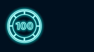 Parlayan neon hattı kumarhane çipleri simgesi siyah arkaplanda izole edildi. Kumarhane kumarı. 4K Video hareketli grafik canlandırması