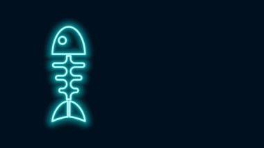 Parlayan neon hattı. Siyah arka planda balık iskeleti ikonu izole edildi. Balık kemiği işareti. 4K Video hareketli grafik canlandırması