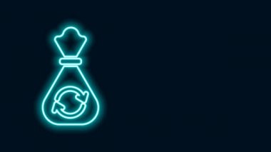Siyah zemin üzerinde geri dönüşüm sembolü olan parlak neon çizgili çöp torbası. Çöp kutusu simgesi. Geri dönüşüm sepeti işareti. 4K Video hareketli grafik canlandırması