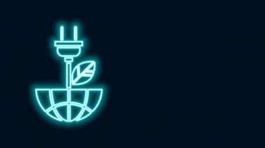 Siyah arkaplanda izole edilmiş yaprak simgesinde parlayan neon hattı elektrik kaydediliyor. Enerji tasarrufu ikonu. Çevre koruma ikonu. Biyolojik enerji. 4K Video hareketli grafik canlandırması