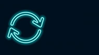 Parlayan neon hattı yenileme simgesi siyah arkaplanda izole edildi. Sembolü yeniden yükle. Döndürme okları daire işareti şeklinde. 4K Video hareketli grafik canlandırması