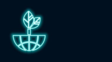 Parlayan neon hattı Dünya küresi ve yaprak ikonu siyah arka planda izole edildi. Dünya ya da Dünya işareti. Geometrik şekiller. Çevresel konsept. 4K Video hareketli grafik canlandırması