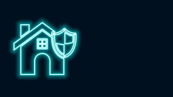 Gloeiende neon lijn Huis met schild pictogram geïsoleerd op zwarte achtergrond. Verzekeringsconcept. Beveiliging, veiligheid, bescherming, bescherming concept. 4K Video motion grafische animatie — Stockvideo