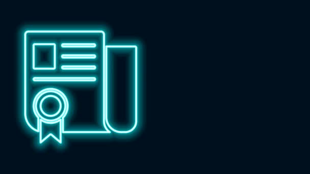 Glowing neon line Certificate template icon isolated on black background. Achievement, award, degree, grant, diploma. Business success certificate. 4K Video motion graphic animation — Stock Video