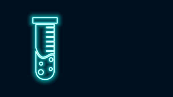 Línea de neón brillante Tubo de ensayo y matraz icono de prueba de laboratorio químico aislado sobre fondo negro. Signo de cristalería del laboratorio. Animación gráfica de vídeo 4K — Vídeo de stock