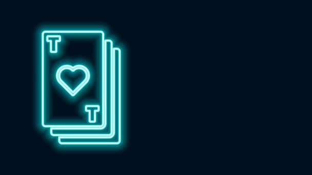 Linha de néon brilhante Playing card with heart symbol icon isolated on black background. Jogo de casino. Animação gráfica em movimento de vídeo 4K — Vídeo de Stock
