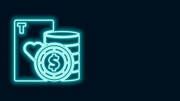 Glowing neon line Casino chip and playing cards icon isolated on black background. Casino poker. 4K Video motion graphic animation — Stock Video