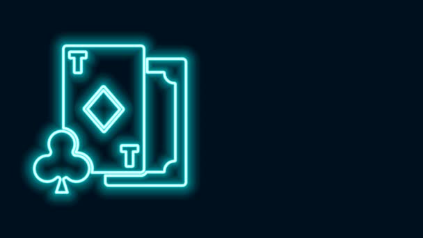 Glödande neon line Spela kort med diamanter symbol ikon isolerad på svart bakgrund. Kasinospel. 4K Video motion grafisk animation — Stockvideo