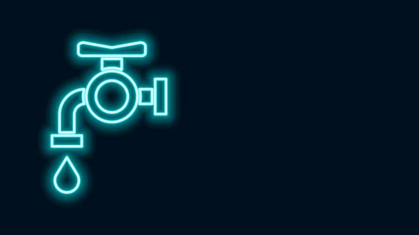 Linha de néon brilhante Ícone de torneira de água isolado no fundo preto. Animação gráfica em movimento de vídeo 4K — Vídeo de Stock
