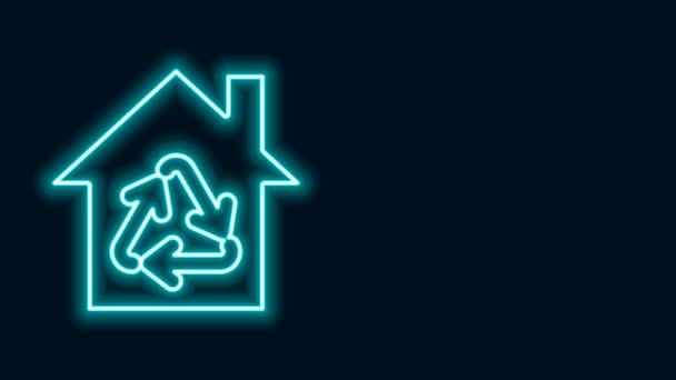 Glowing neon line Eco House with recycling symbol icon isolated on black background. Ecology home with recycle arrows. 4K Video motion graphic animation — Stock Video