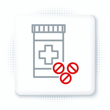 Hat ilacı şişesi ve beyaz arka planda izole edilmiş hap ikonu. Şişe hapı işareti. Eczane tasarımı. Renkli taslak konsepti. Vektör.