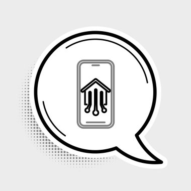 Akıllı ev simgesine sahip cep telefonu gri arkaplanda izole edilmiş. Uzaktan kumanda. Renkli taslak konsepti. Vektör.