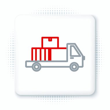 Beyaz arka planda izole edilmiş simgenin arkasında karton kutular olan çizgi teslimat kamyonu. Renkli taslak konsepti. Vektör.